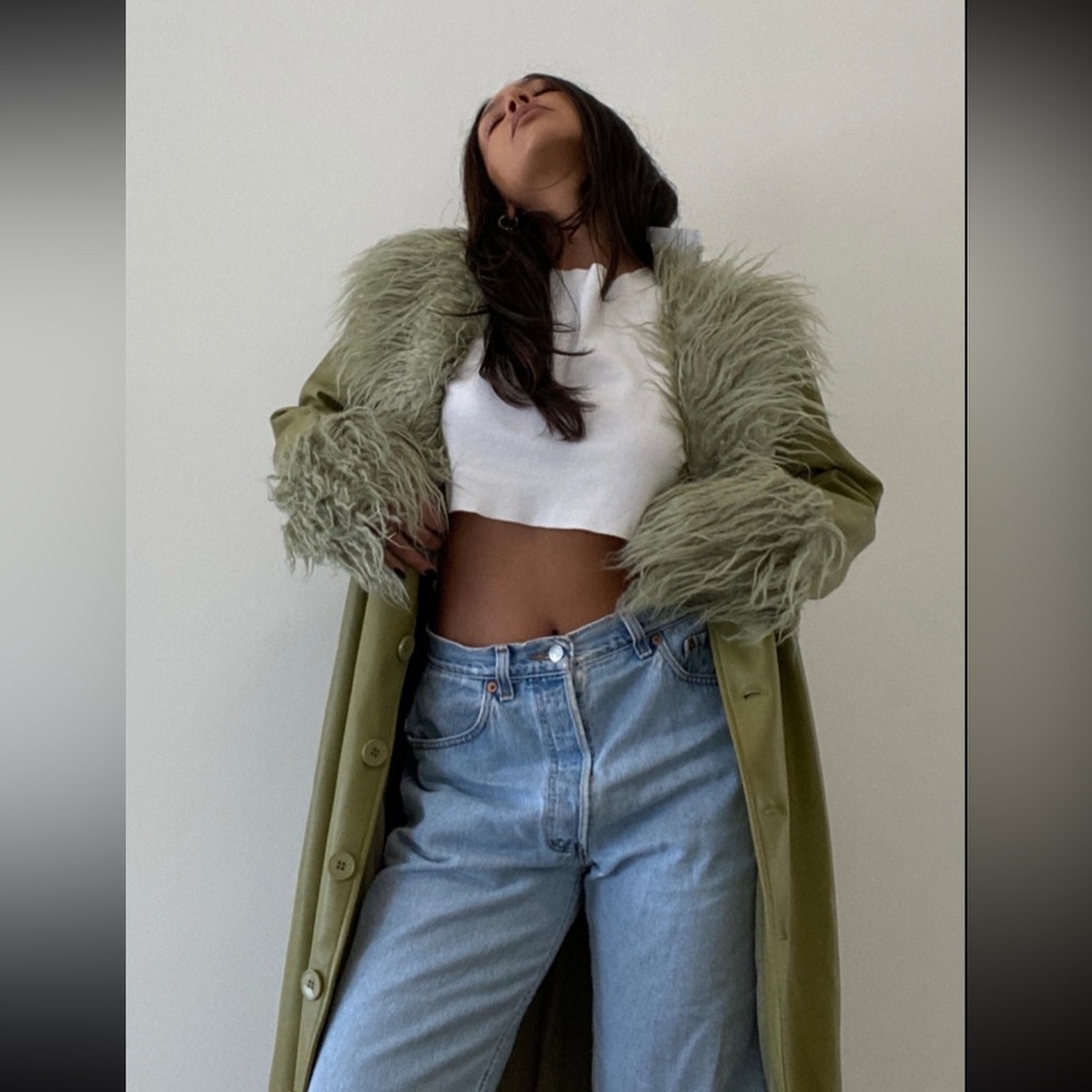 [et clet] shaggy fur trim faux leather coat